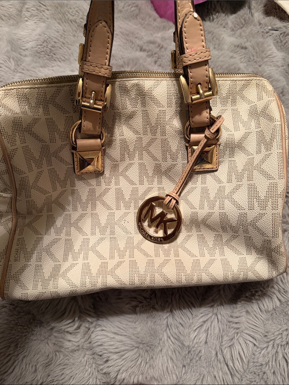 Michael Kors Cream and Tan Logo Satchel with Gold Hardware